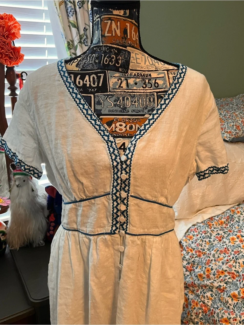 J. Crew White Linen Midi Dress with Blue Embroidered Trim